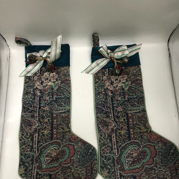 VTG 2 Piece Tapestry Traditional Christmas Stockings Gold Jingle Bell Detail - Picture 4 of 10